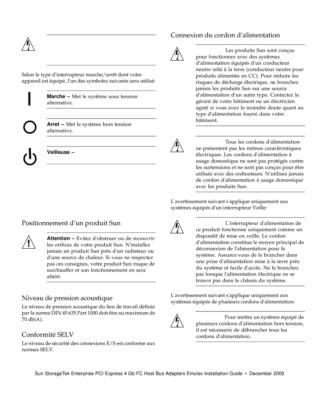 Emulex 4 Gb FC Host Bus manual Conformité Selv, Connexion du cordon d’alimentation 