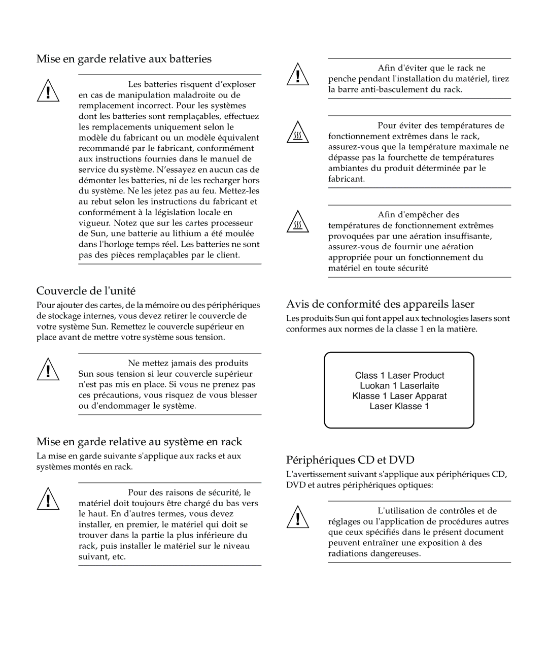 Emulex 4 Gb FC Host Bus Mise en garde relative aux batteries, Couvercle de lunité, Avis de conformité des appareils laser 