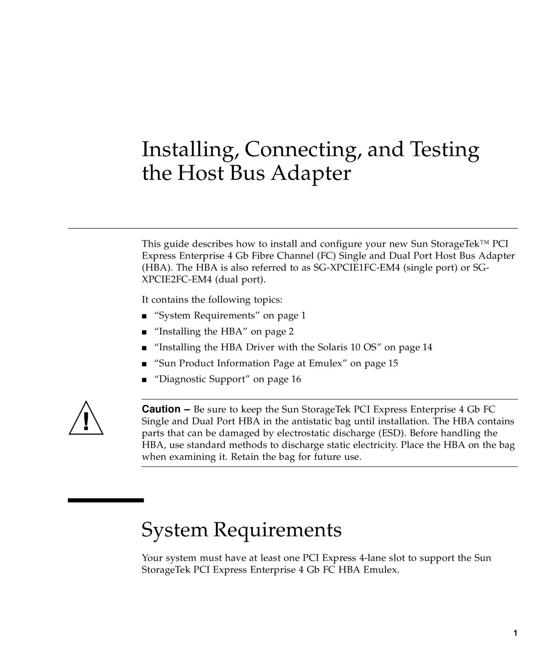 Emulex 4 Gb FC Host Bus manual Installing, Connecting, and Testing the Host Bus Adapter, System Requirements 