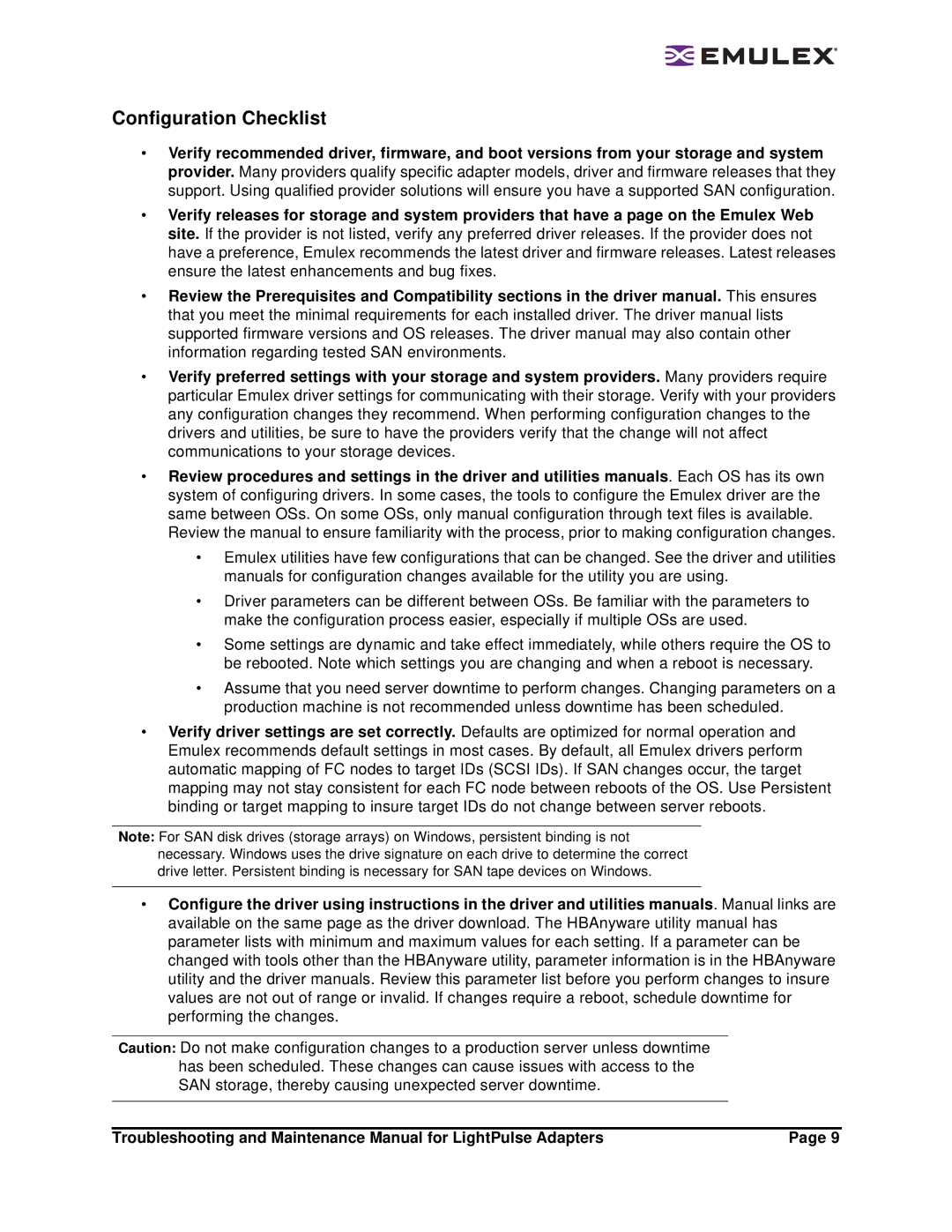 Emulex Adapters manual Configuration Checklist 