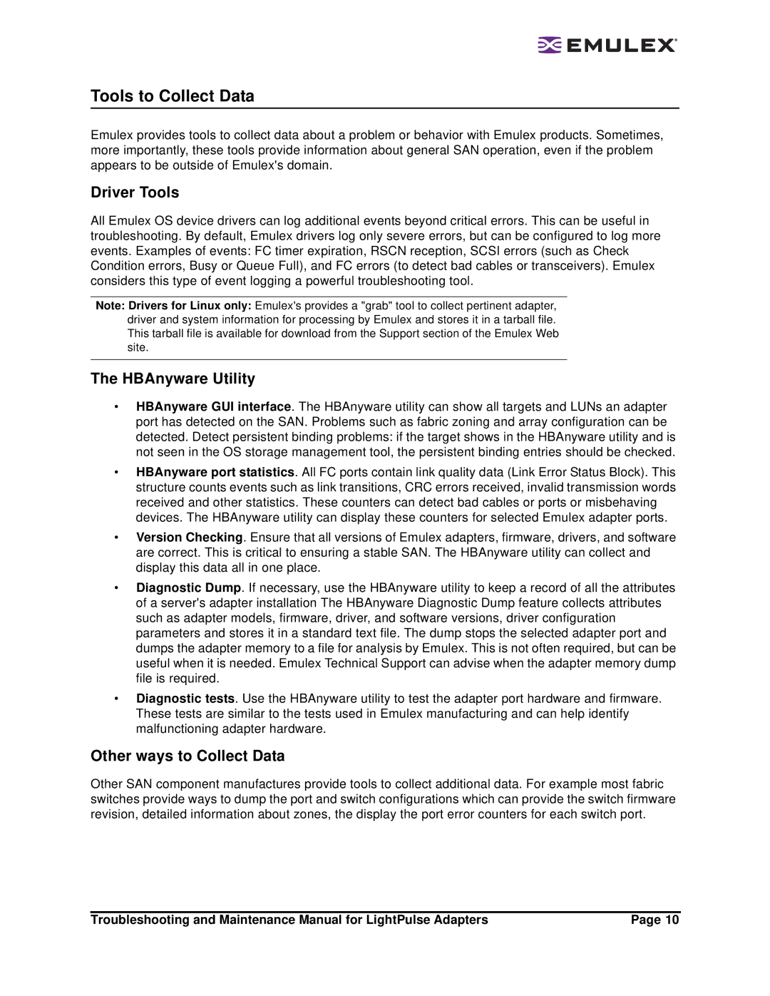 Emulex Adapters manual Tools to Collect Data, Driver Tools, HBAnyware Utility, Other ways to Collect Data 