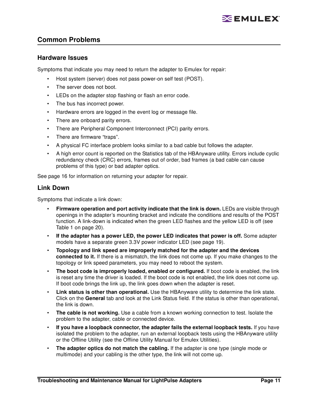 Emulex Adapters manual Common Problems, Hardware Issues, Link Down 