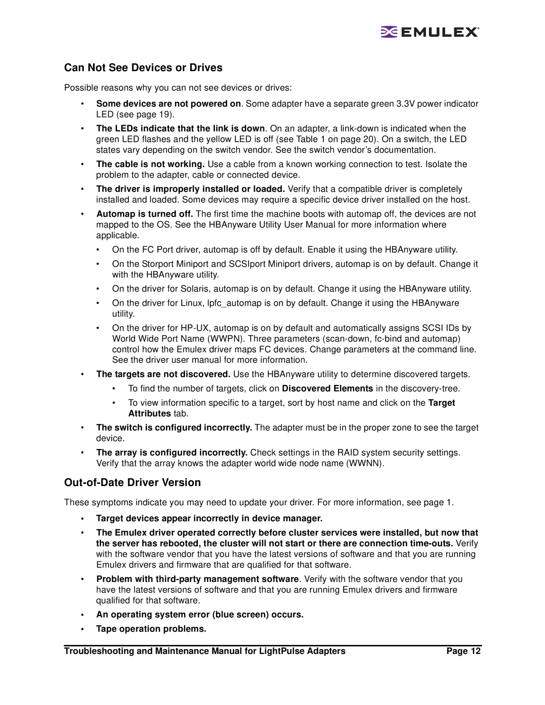 Emulex Adapters manual Can Not See Devices or Drives, Out-of-Date Driver Version 