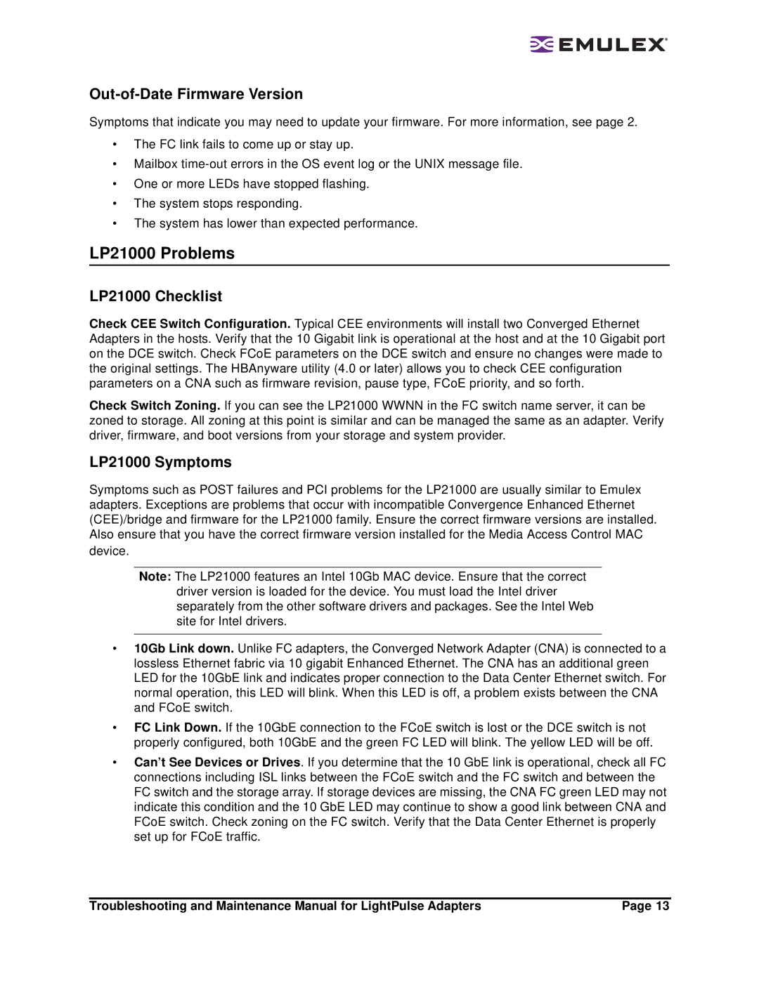 Emulex Adapters manual LP21000 Problems, Out-of-Date Firmware Version, LP21000 Checklist, LP21000 Symptoms 