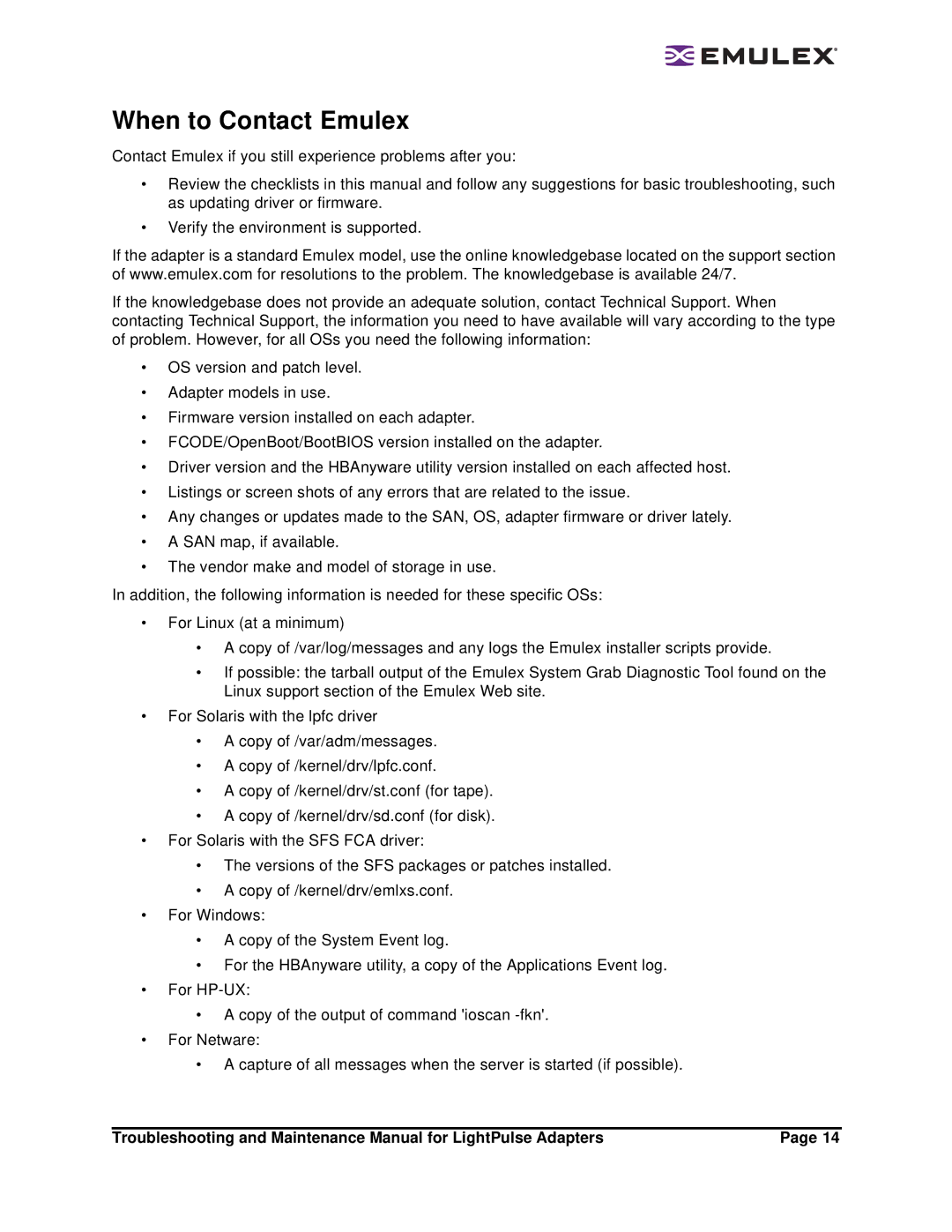 Emulex Adapters manual When to Contact Emulex 