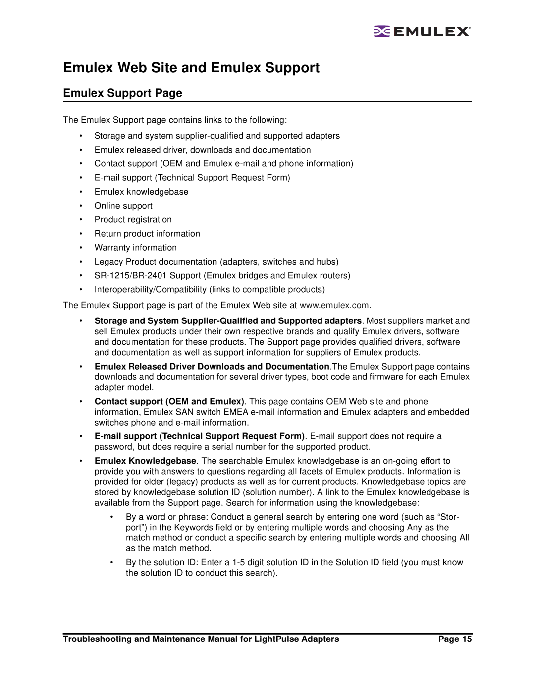 Emulex Adapters manual Emulex Web Site and Emulex Support 