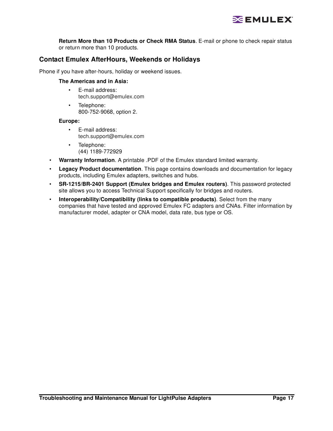 Emulex Adapters manual Contact Emulex AfterHours, Weekends or Holidays, Europe 