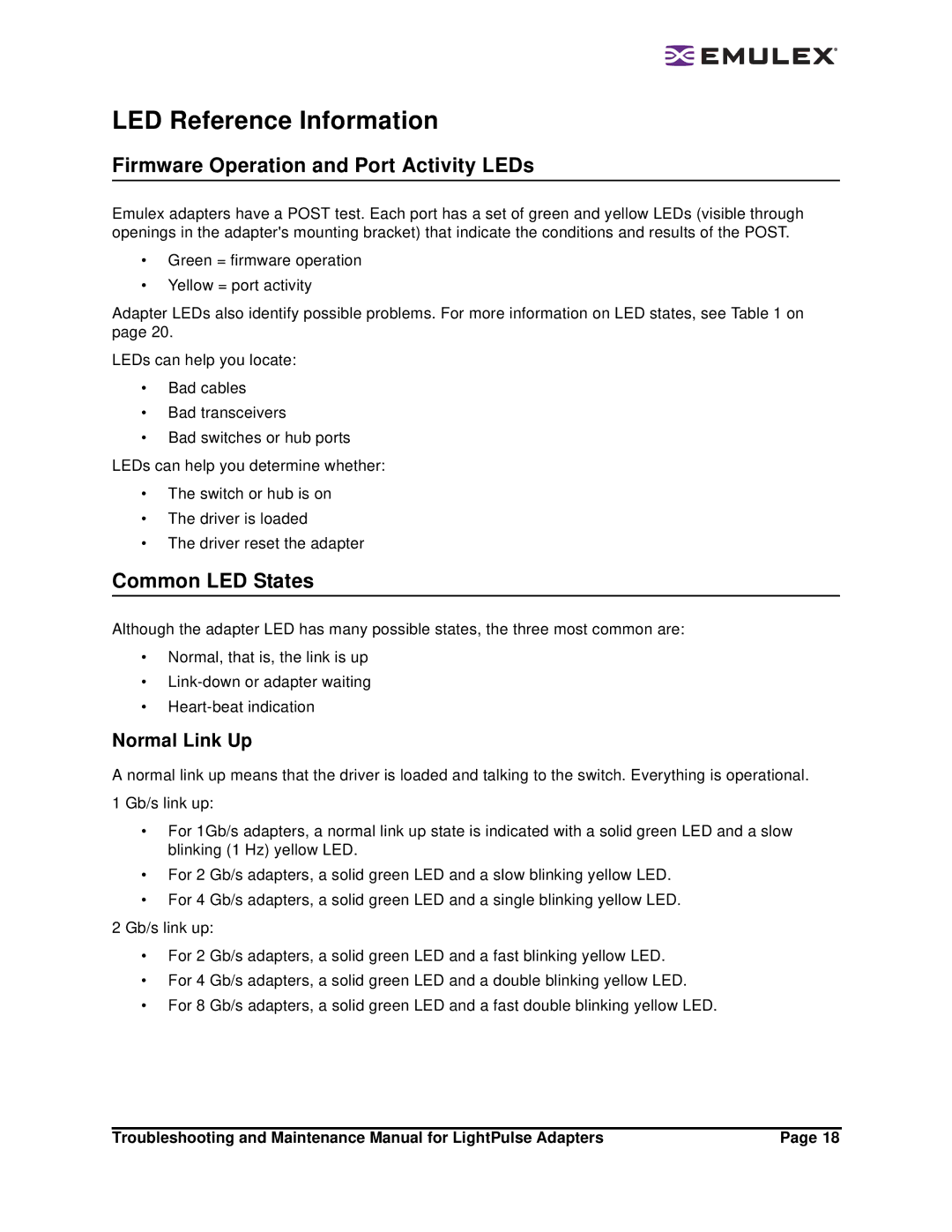 Emulex Adapters LED Reference Information, Firmware Operation and Port Activity LEDs, Common LED States, Normal Link Up 