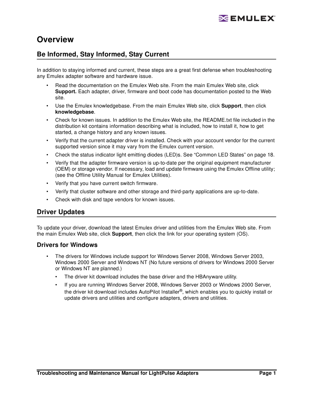 Emulex Adapters manual Overview, Be Informed, Stay Informed, Stay Current, Driver Updates, Drivers for Windows 