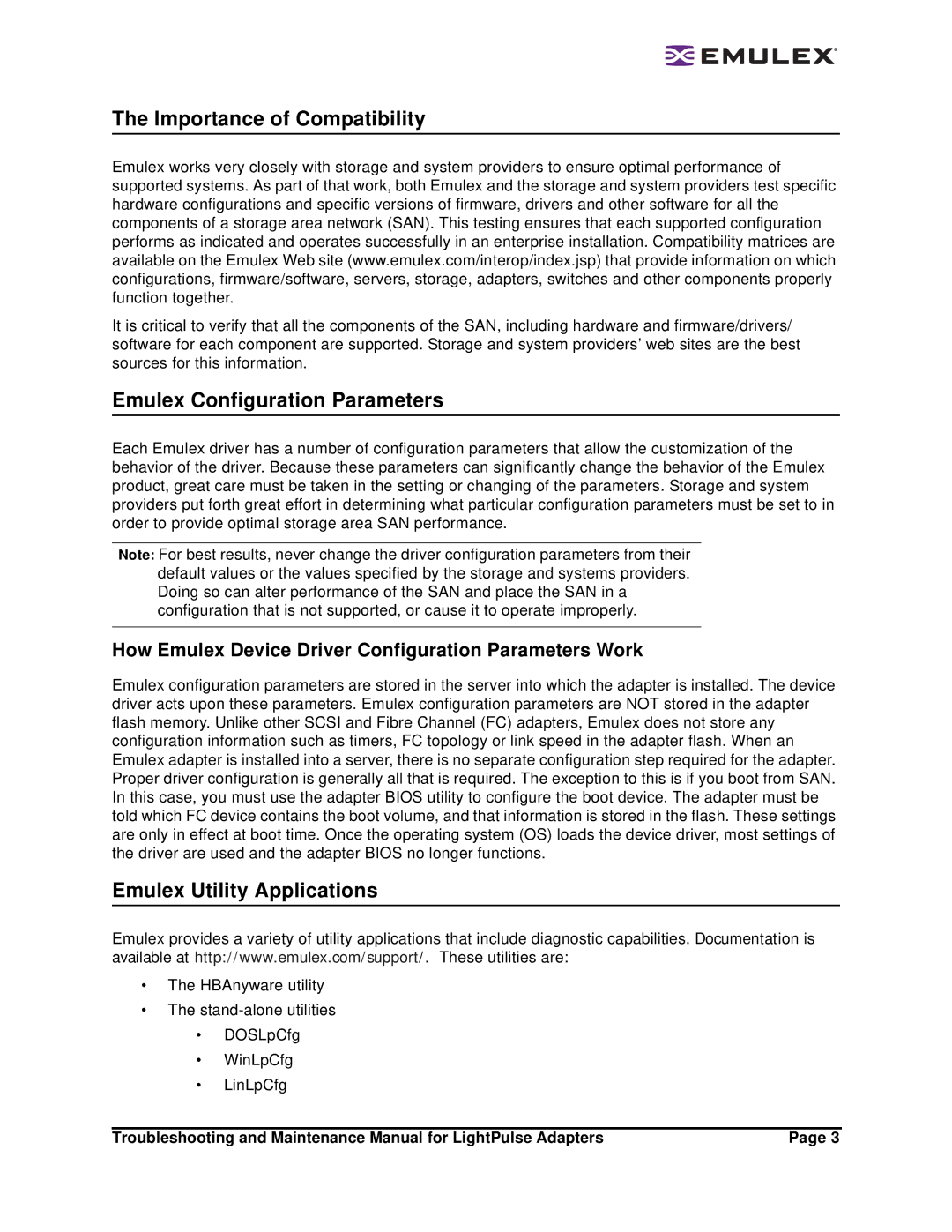 Emulex Adapters manual Importance of Compatibility, Emulex Configuration Parameters, Emulex Utility Applications 