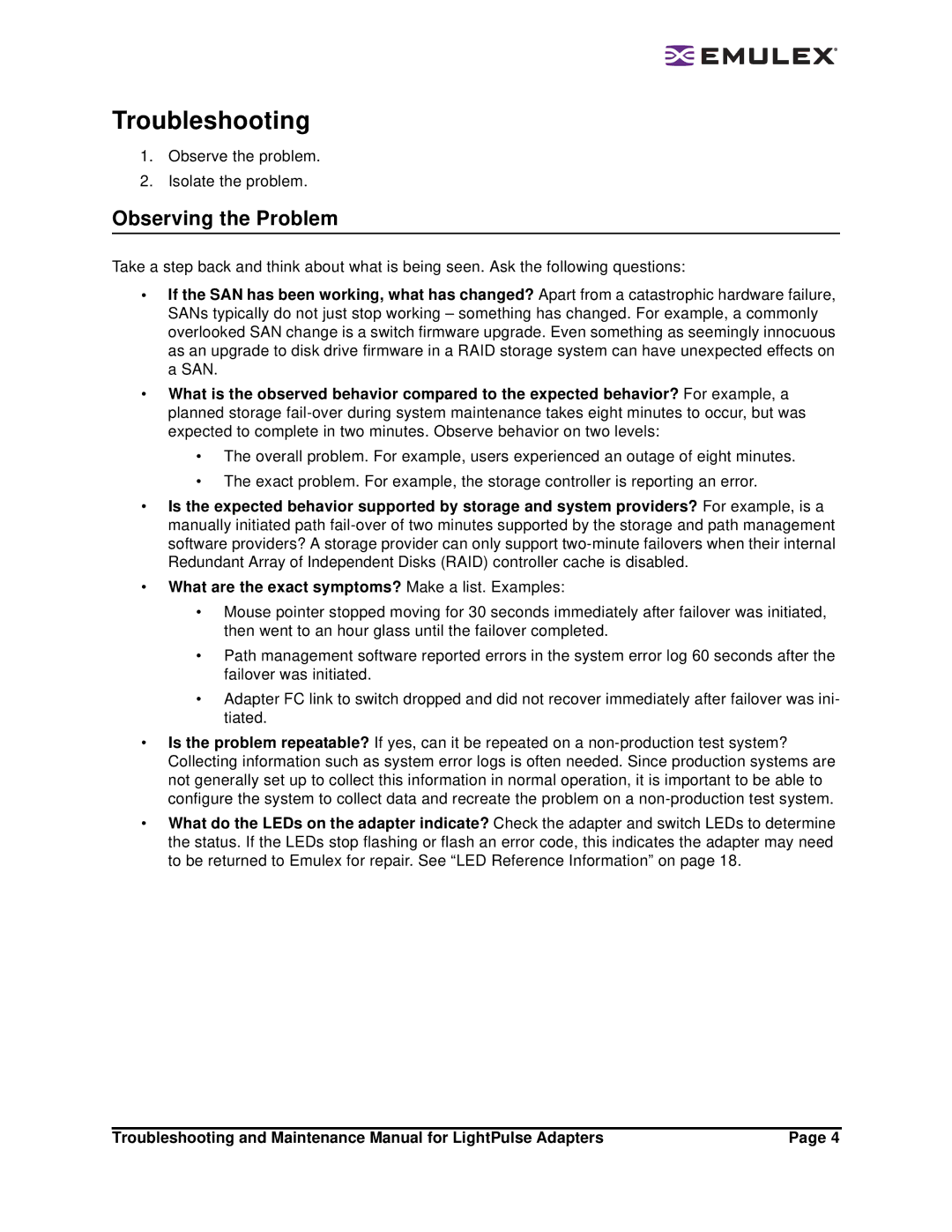 Emulex Adapters manual Troubleshooting, Observing the Problem 