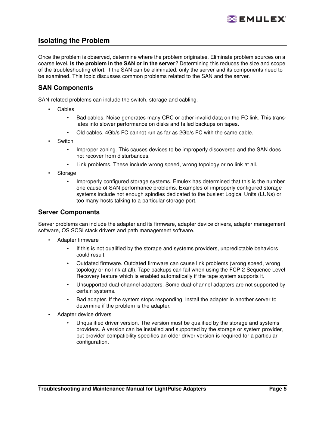 Emulex Adapters manual Isolating the Problem, SAN Components, Server Components 