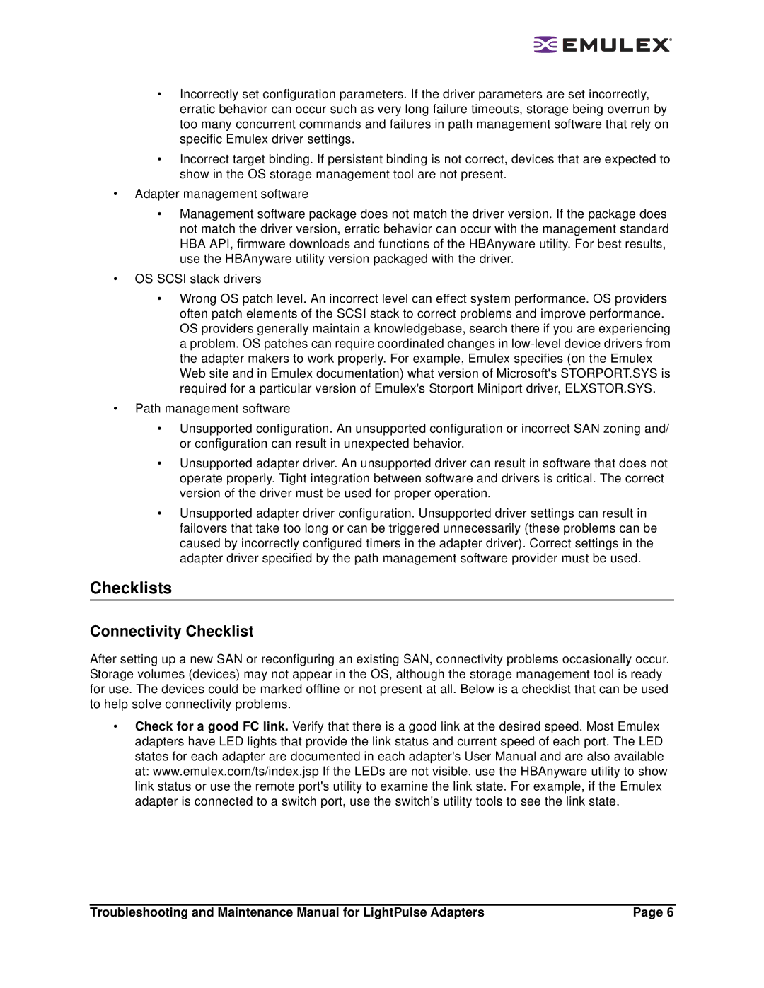 Emulex Adapters manual Checklists, Connectivity Checklist 