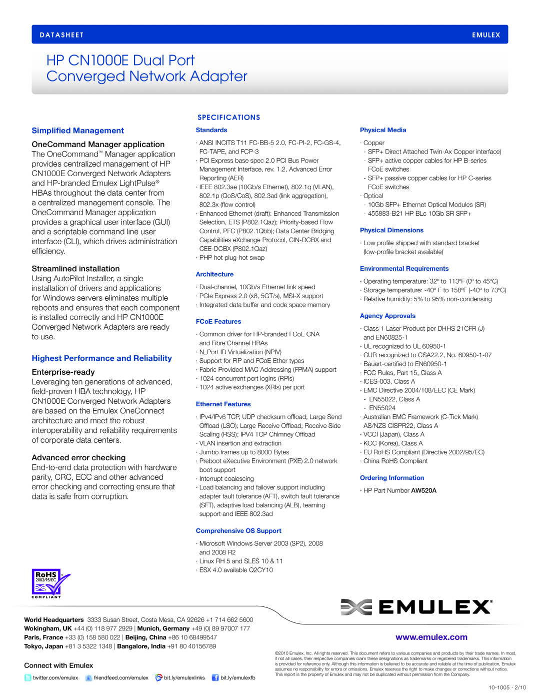 Emulex manual Simplified Management, Highest Performance and Reliability, HP CN1000E Dual Port Converged Network Adapter 