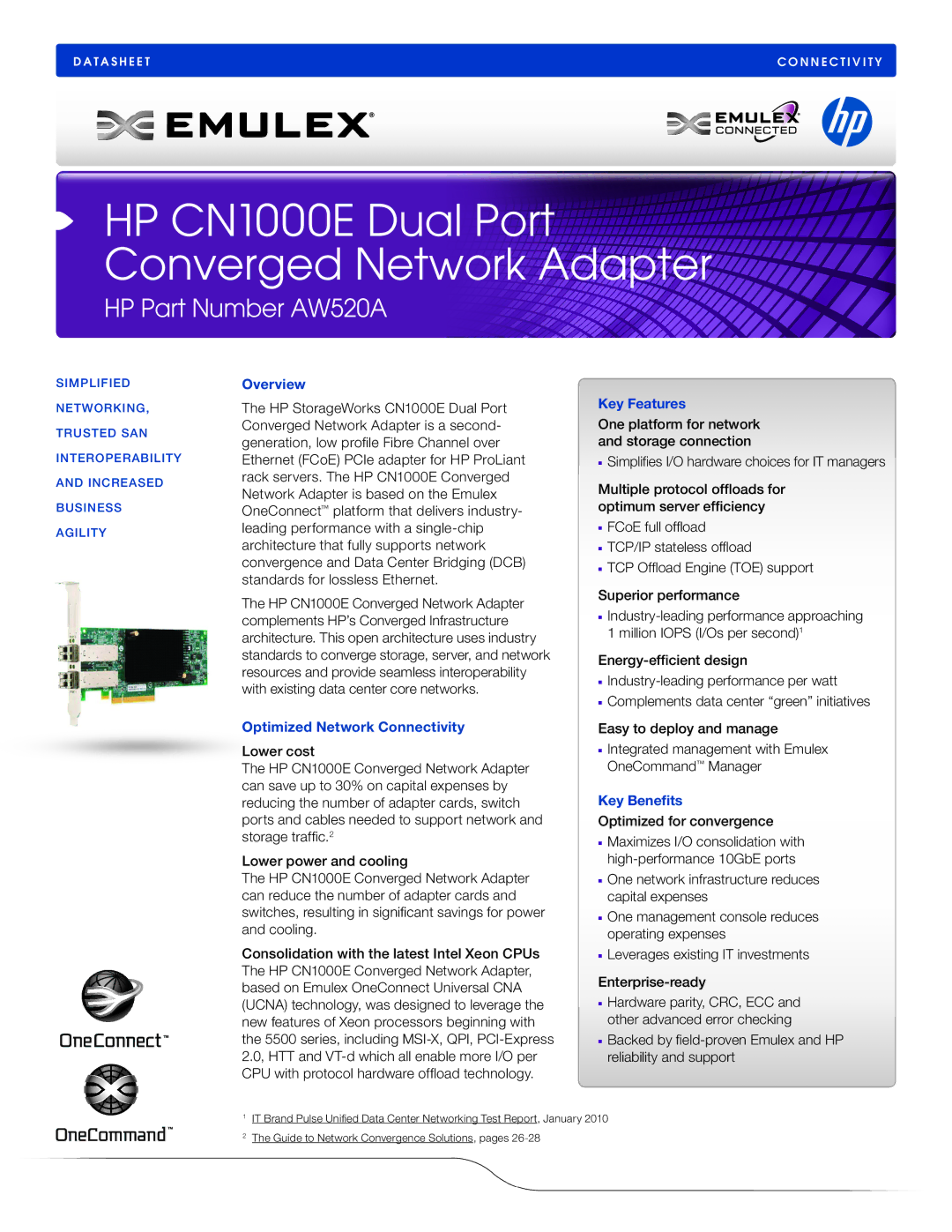 Emulex CN1000E manual Overview, Optimized Network Connectivity, Key Features, Key Benefits 