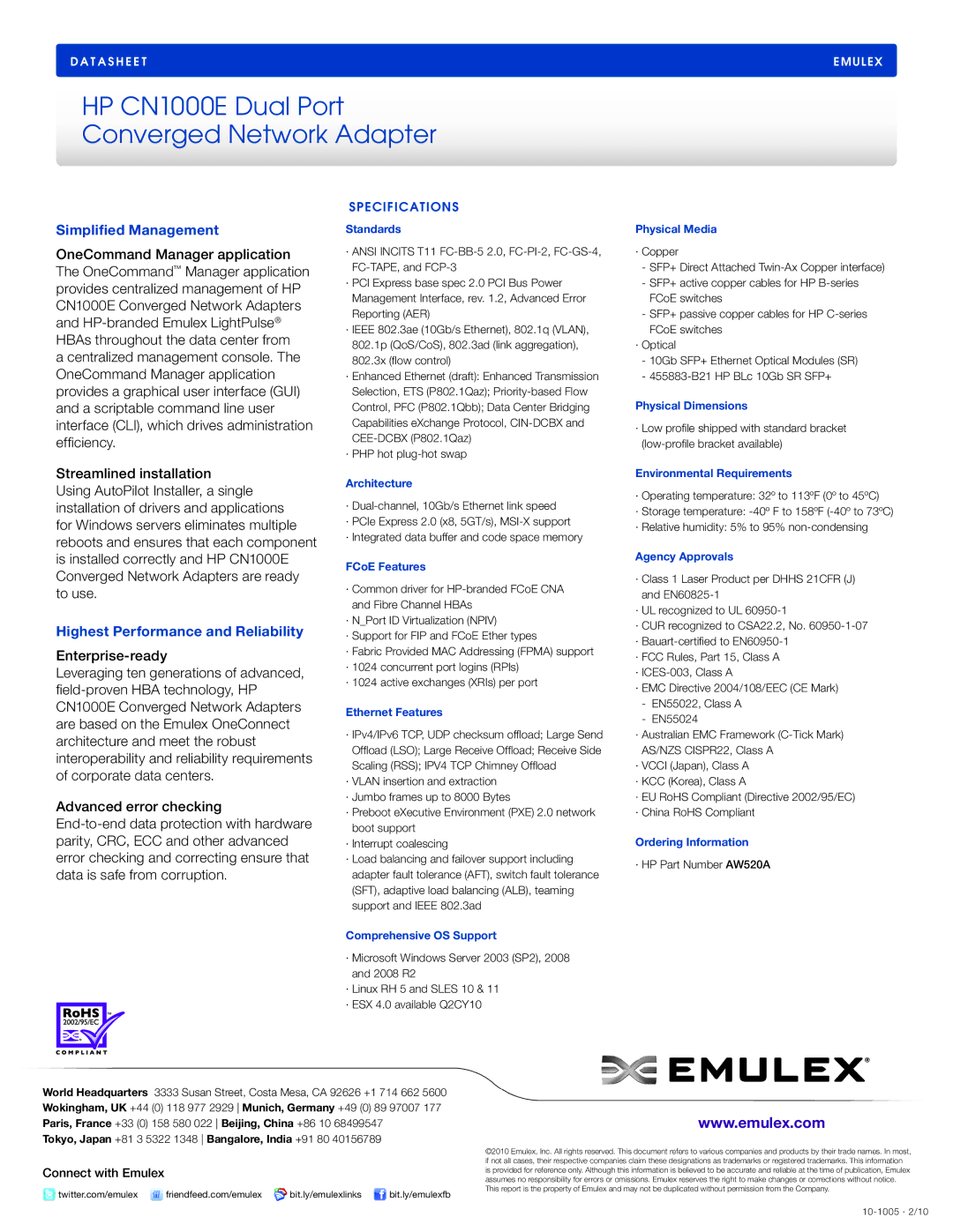 Emulex CN1000E manual Simplified Management, Highest Performance and Reliability 