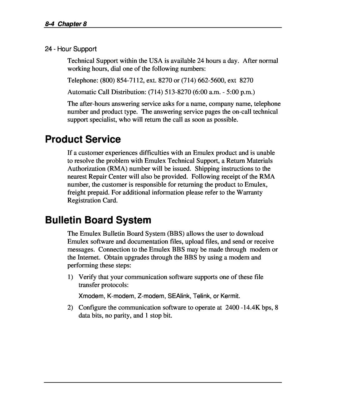 Emulex DCP_link manual Product Service, Bulletin Board System, Hour Support 