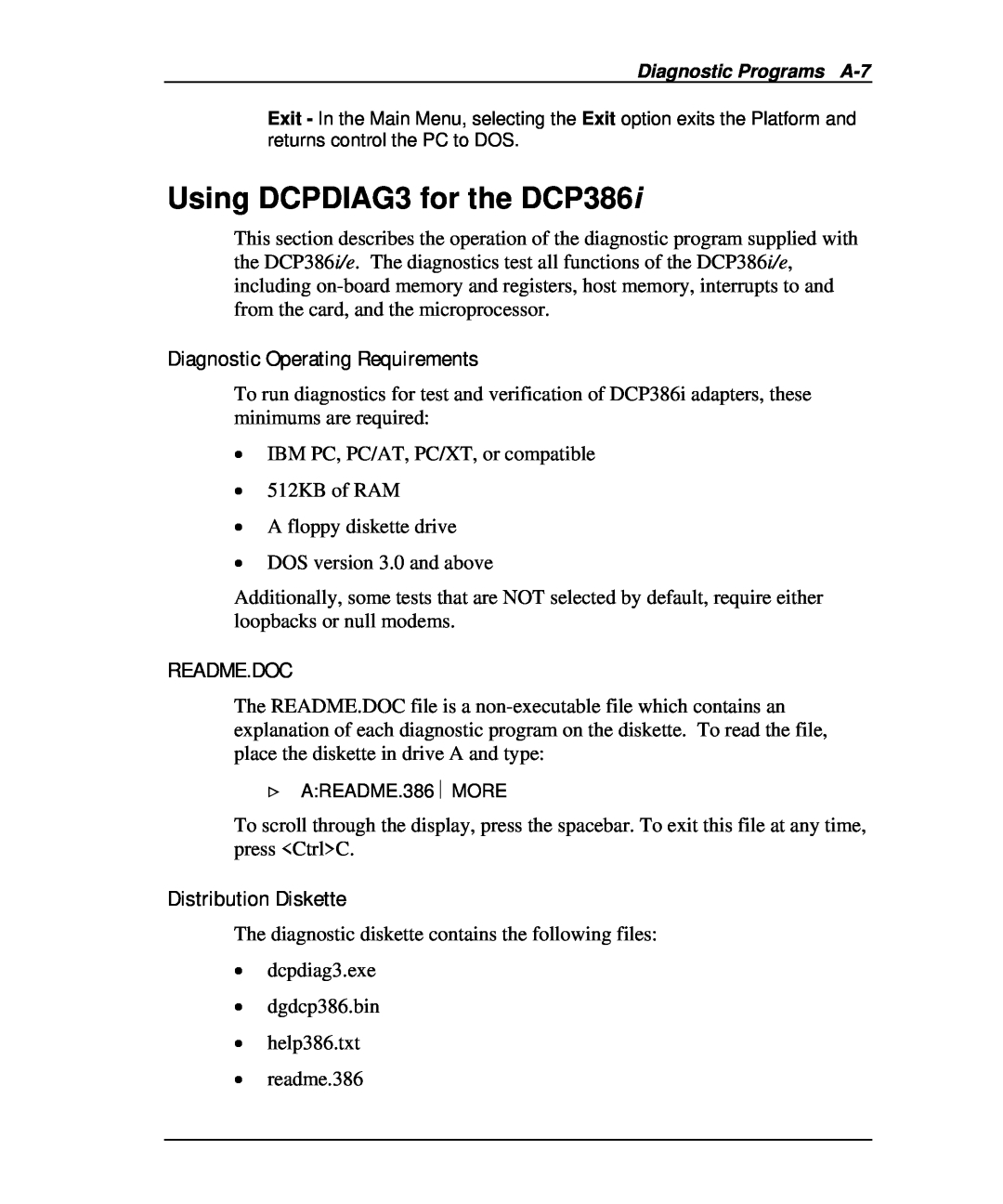 Emulex DCP_link manual Using DCPDIAG3 for the DCP386i, Diagnostic Operating Requirements, Readme.Doc, Distribution Diskette 