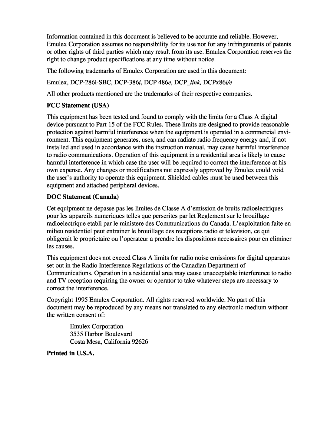Emulex DCP_link manual FCC Statement USA, DOC Statement Canada, Printed in U.S.A 