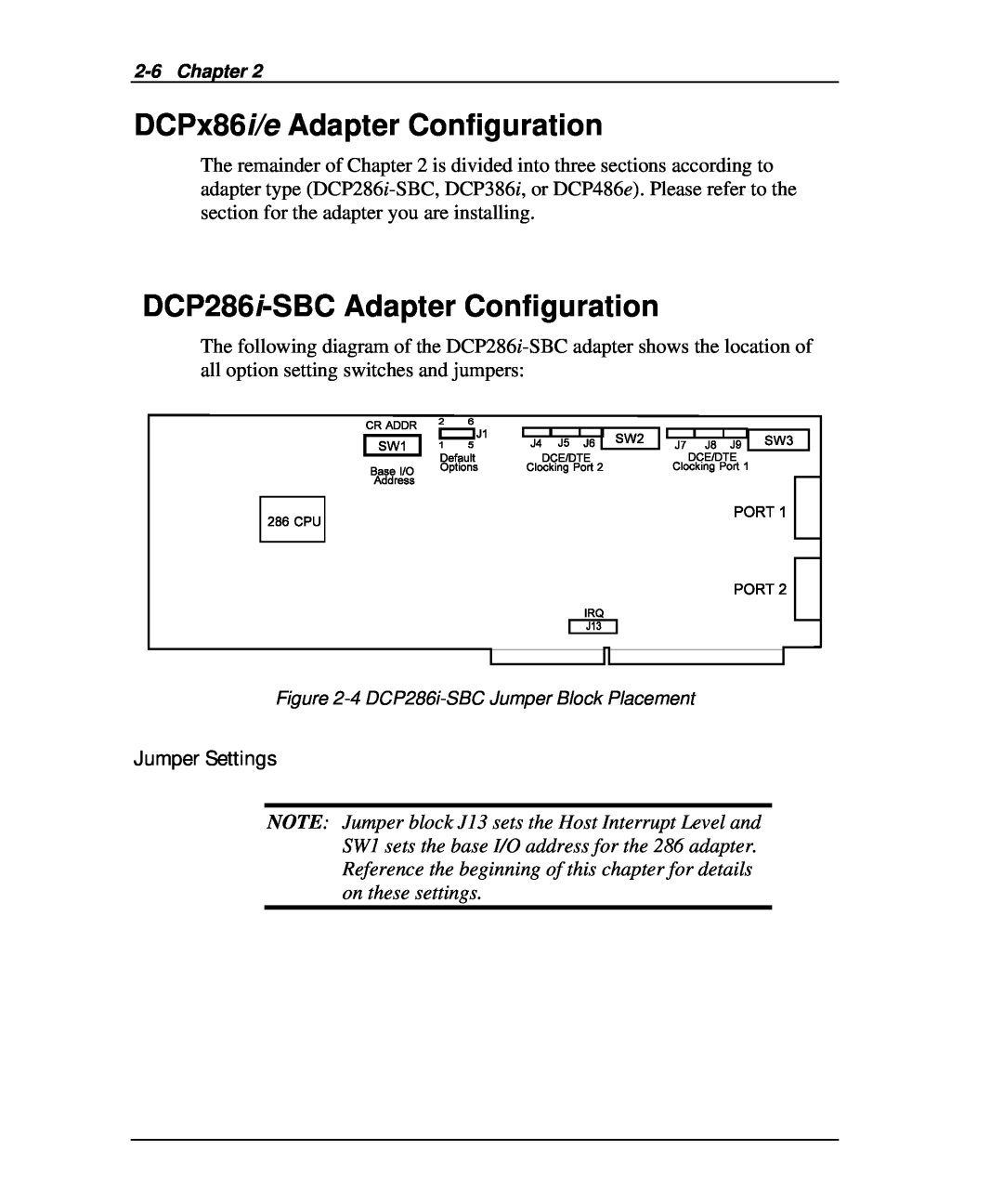 Emulex DCP_link manual DCPx86i/e Adapter Configuration, DCP286i-SBC Adapter Configuration, Jumper Settings 