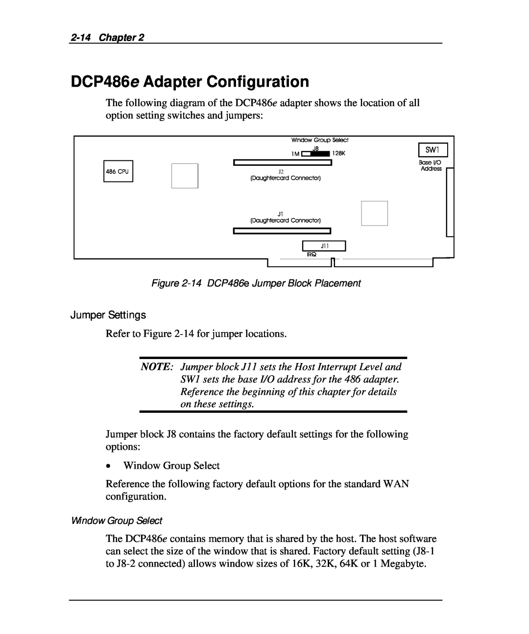 Emulex DCP_link manual DCP486e Adapter Configuration, Jumper Settings, Window Group Select, Chapter 
