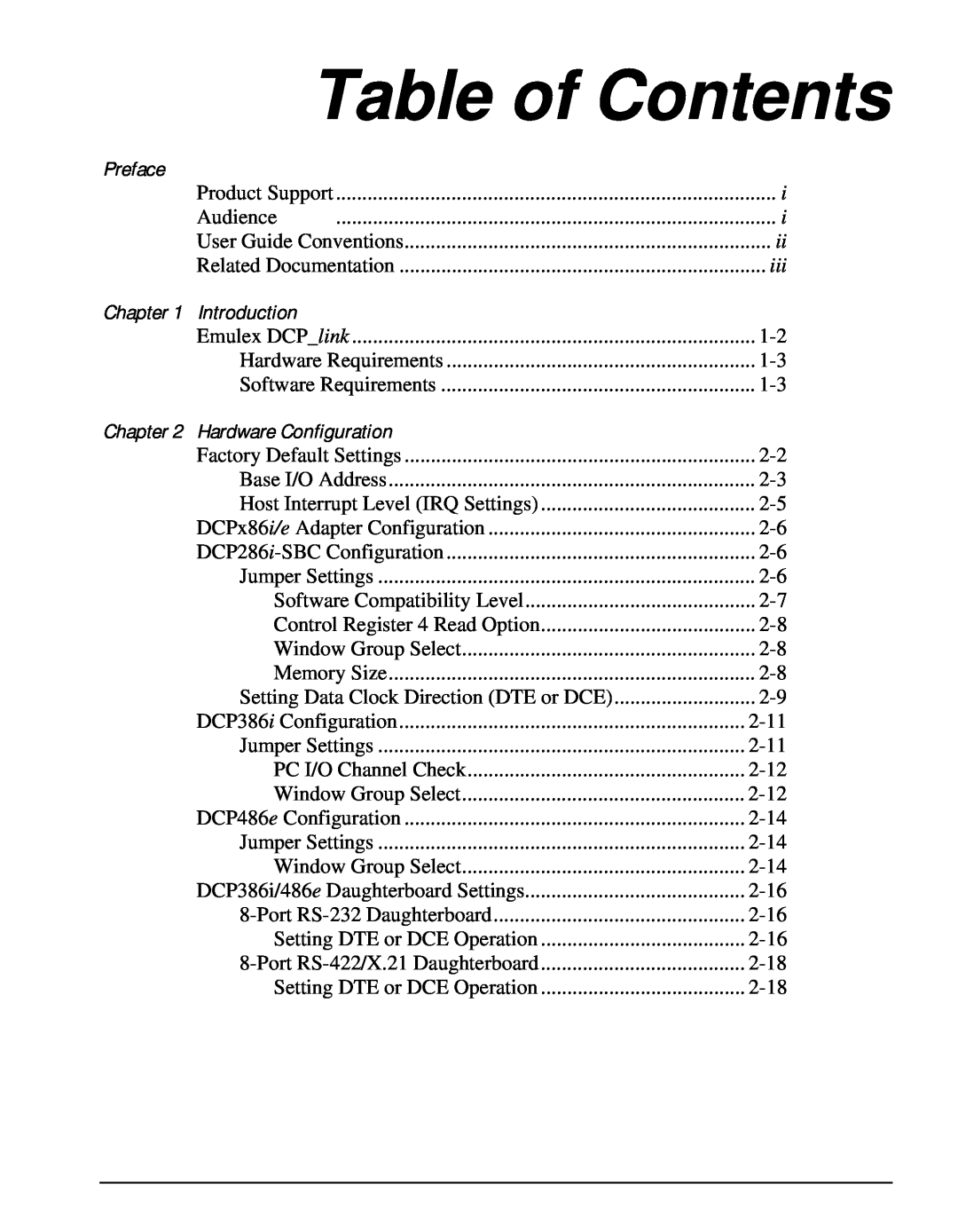 Emulex DCP_link manual Table of Contents, Preface, Introduction, Hardware Configuration 