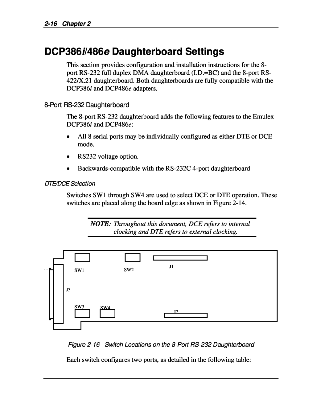 Emulex DCP_link manual DCP386i/486e Daughterboard Settings, Port RS-232 Daughterboard, DTE/DCE Selection 