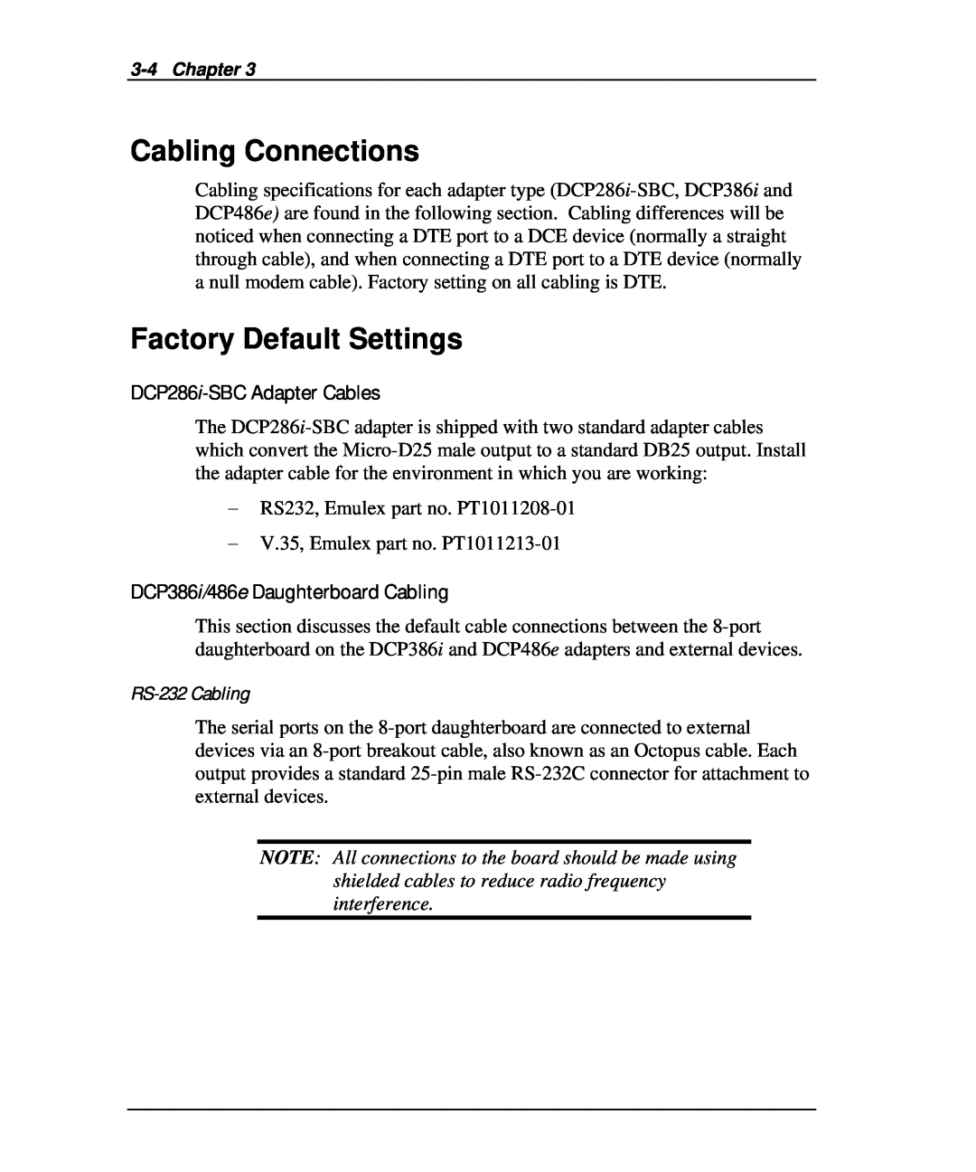Emulex DCP_link manual Cabling Connections, DCP286i-SBC Adapter Cables, DCP386i/486e Daughterboard Cabling, RS-232 Cabling 