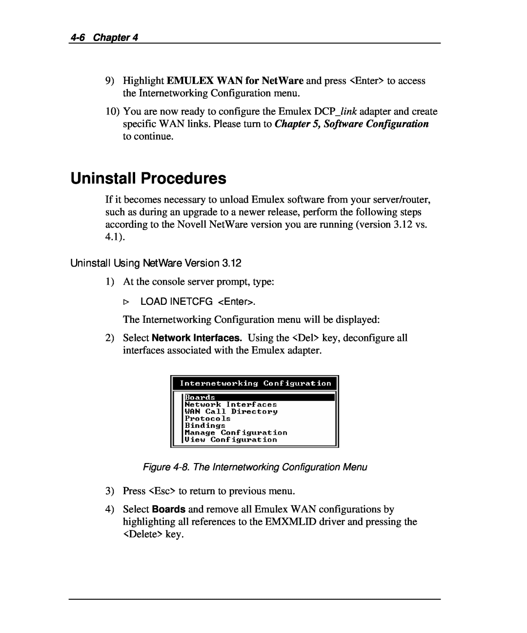 Emulex DCP_link manual Uninstall Procedures, Uninstall Using NetWare Version 