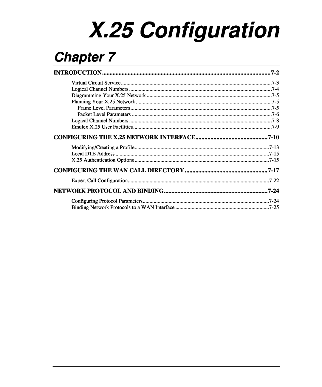 Emulex DCP_link manual X.25 Configuration, Chapter, Introduction, CONFIGURING THE X.25 NETWORK INTERFACE, 7-17, 7-24, 7-10 