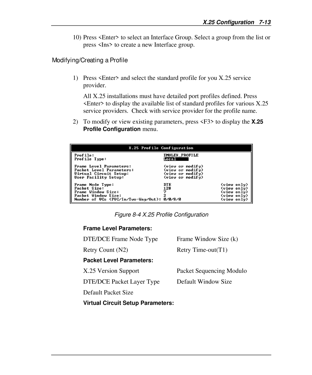 Emulex DCP_link manual Modifying/Creating a Profile, X.25 Profile Configuration 