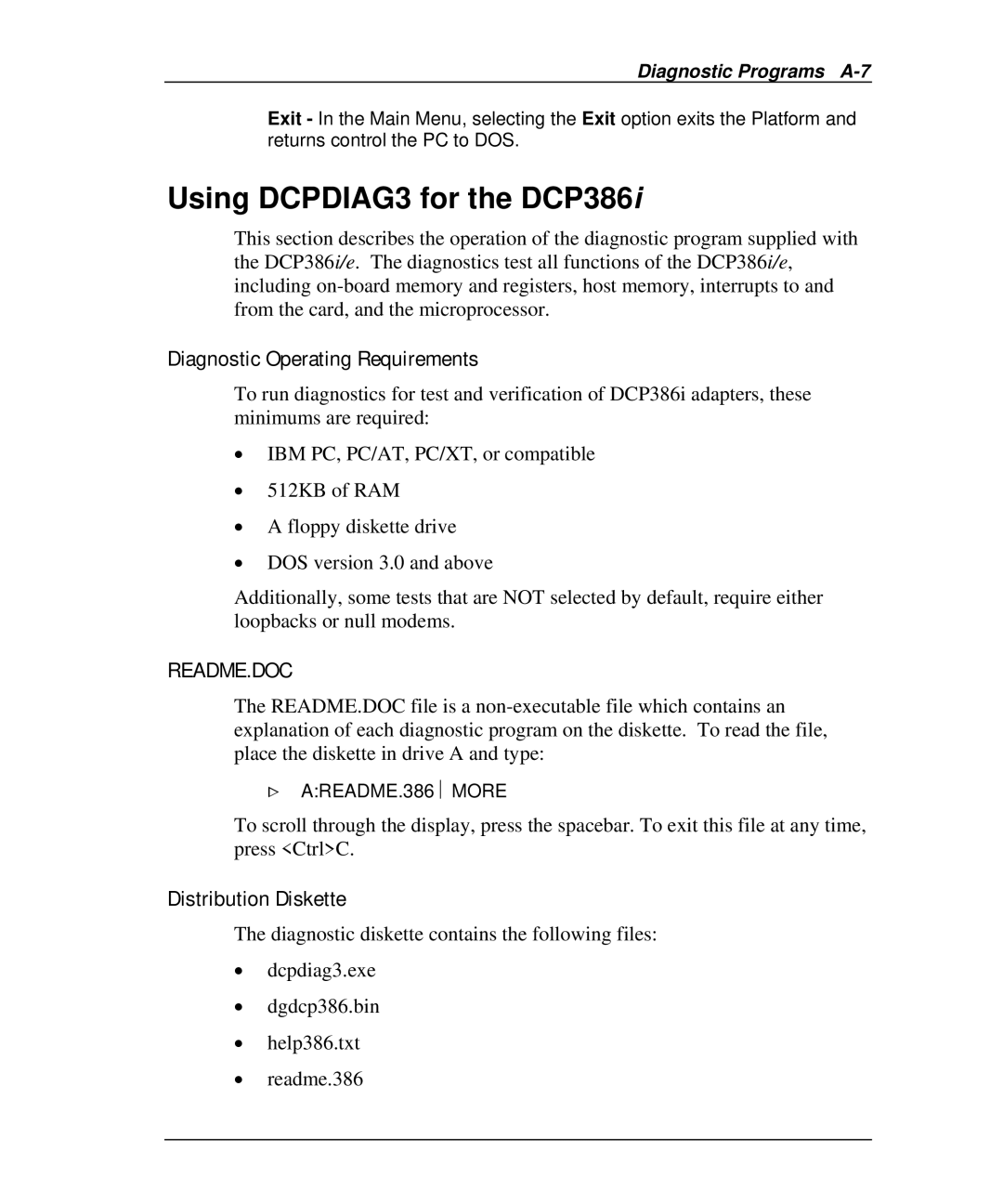 Emulex DCP_link manual Using DCPDIAG3 for the DCP386i, Diagnostic Programs A-7 