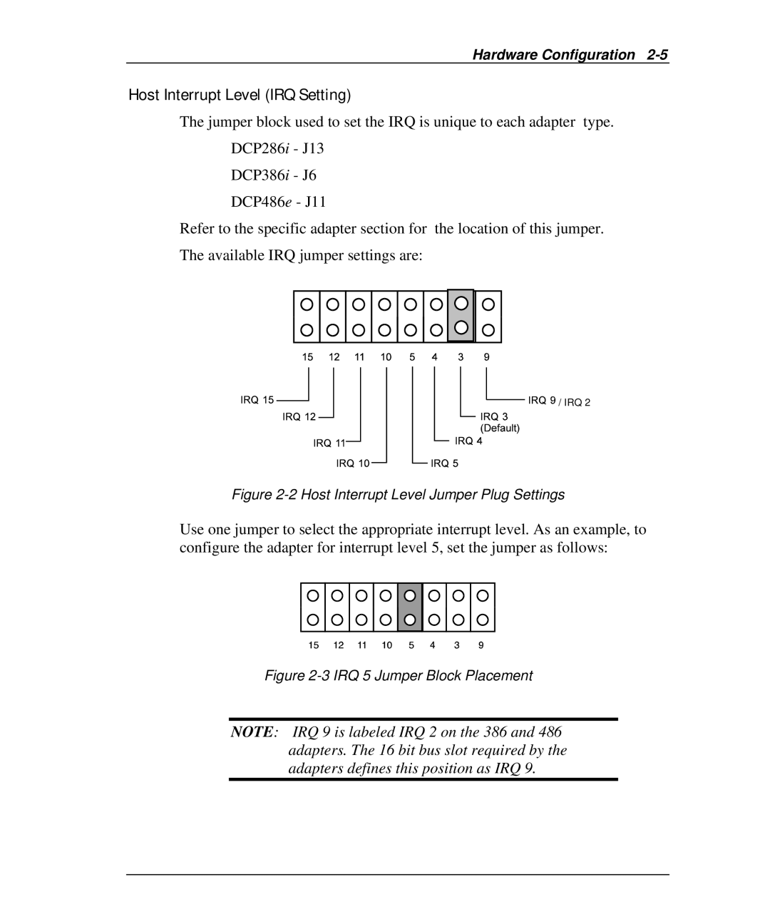 Emulex DCP_link manual Host Interrupt Level IRQ Setting, Host Interrupt Level Jumper Plug Settings 