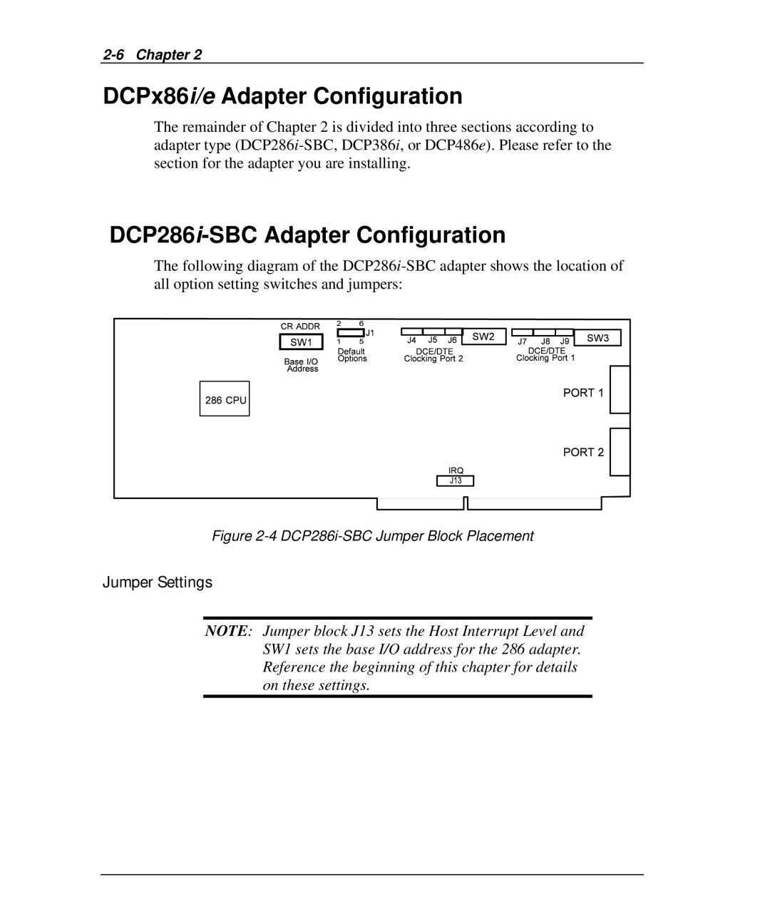 Emulex DCP_link manual DCPx86i/e Adapter Configuration, DCP286i-SBC Adapter Configuration, Jumper Settings 