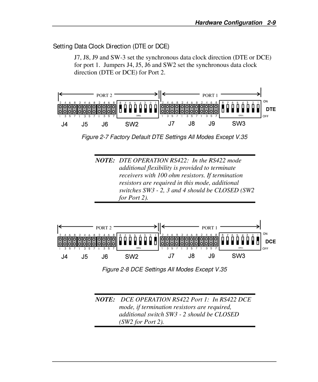 Emulex DCP_link manual Setting Data Clock Direction DTE or DCE, Factory Default DTE Settings All Modes Except 