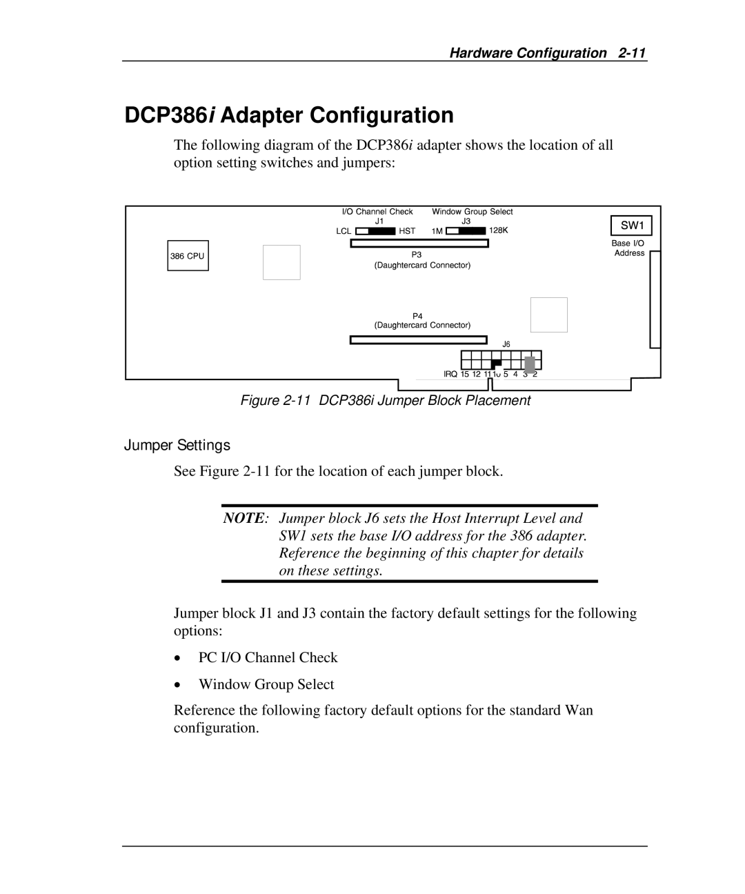 Emulex DCP_link manual DCP386i Adapter Configuration, 11 DCP386i Jumper Block Placement 