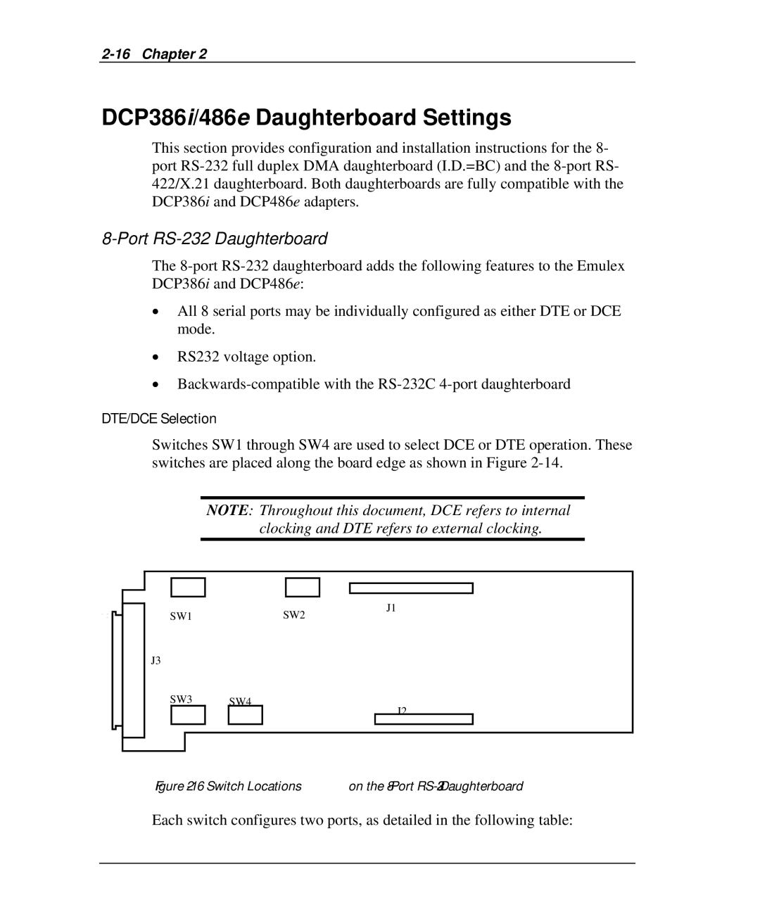 Emulex DCP_link manual DCP386i/486e Daughterboard Settings, Port RS-232 Daughterboard, DTE/DCE Selection 