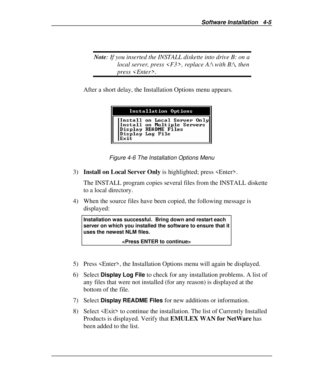 Emulex DCP_link manual After a short delay, the Installation Options menu appears 