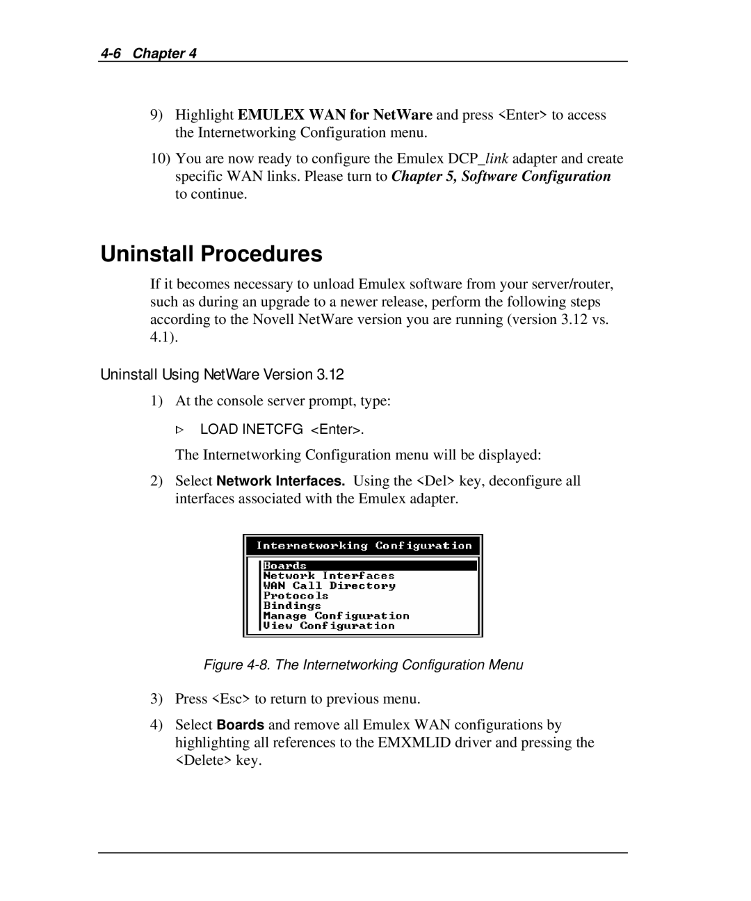 Emulex DCP_link manual Uninstall Procedures, Uninstall Using NetWare Version 