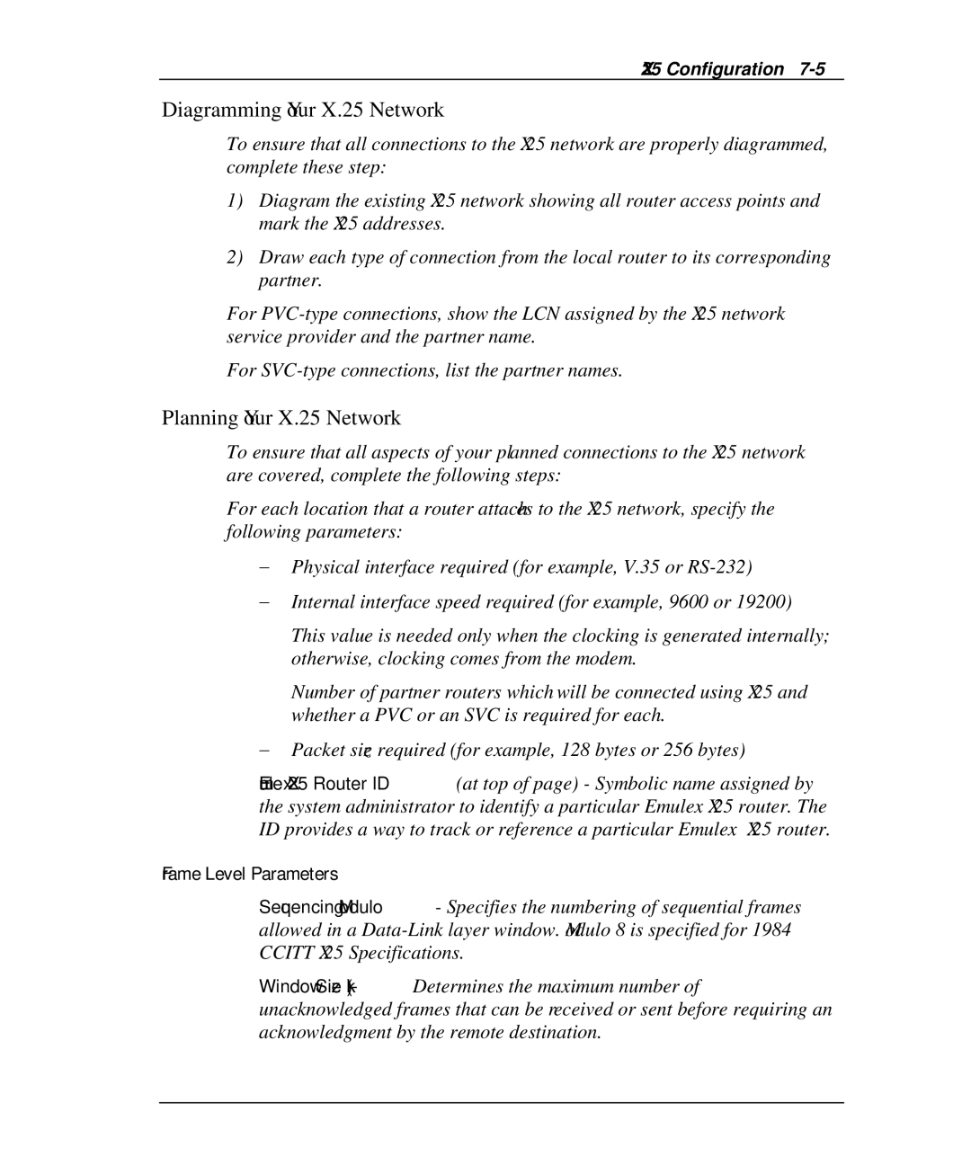 Emulex DCP_link manual Diagramming Your X.25 Network, Planning Your X.25 Network, Frame Level Parameters 