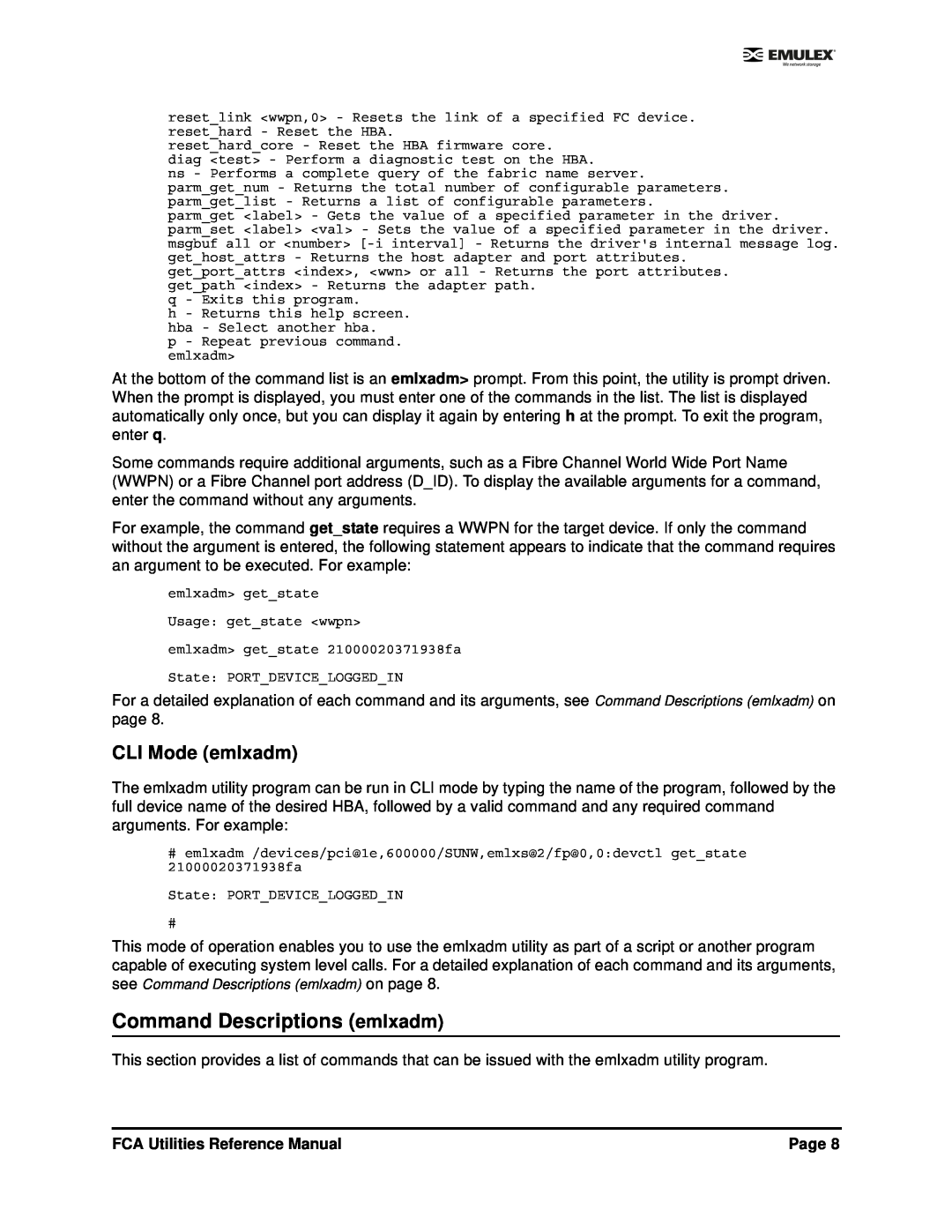 Emulex EMULEX manual Command Descriptions emlxadm, CLI Mode emlxadm, FCA Utilities Reference Manual, Page 