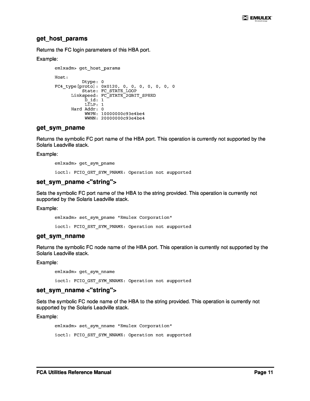 Emulex EMULEX manual gethostparams, getsympname, setsympname string, getsymnname, setsymnname string, Page 