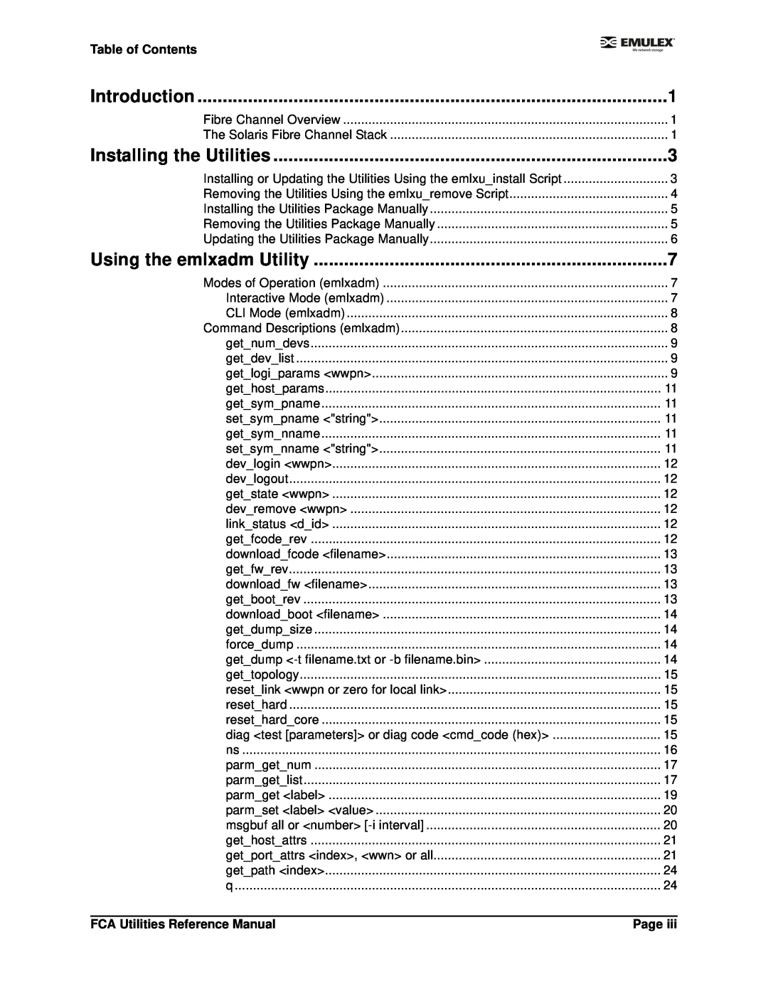 Emulex EMULEX manual Introduction, Installing the Utilities, Using the emlxadm Utility, Table of Contents, Page 