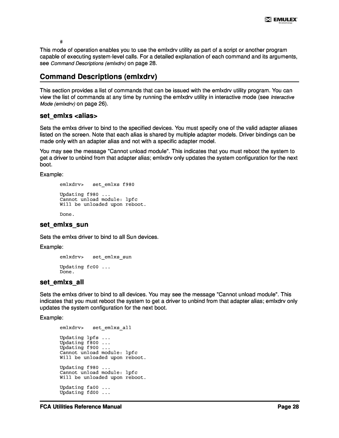 Emulex EMULEX Command Descriptions emlxdrv, setemlxs alias, setemlxssun, setemlxsall, FCA Utilities Reference Manual, Page 