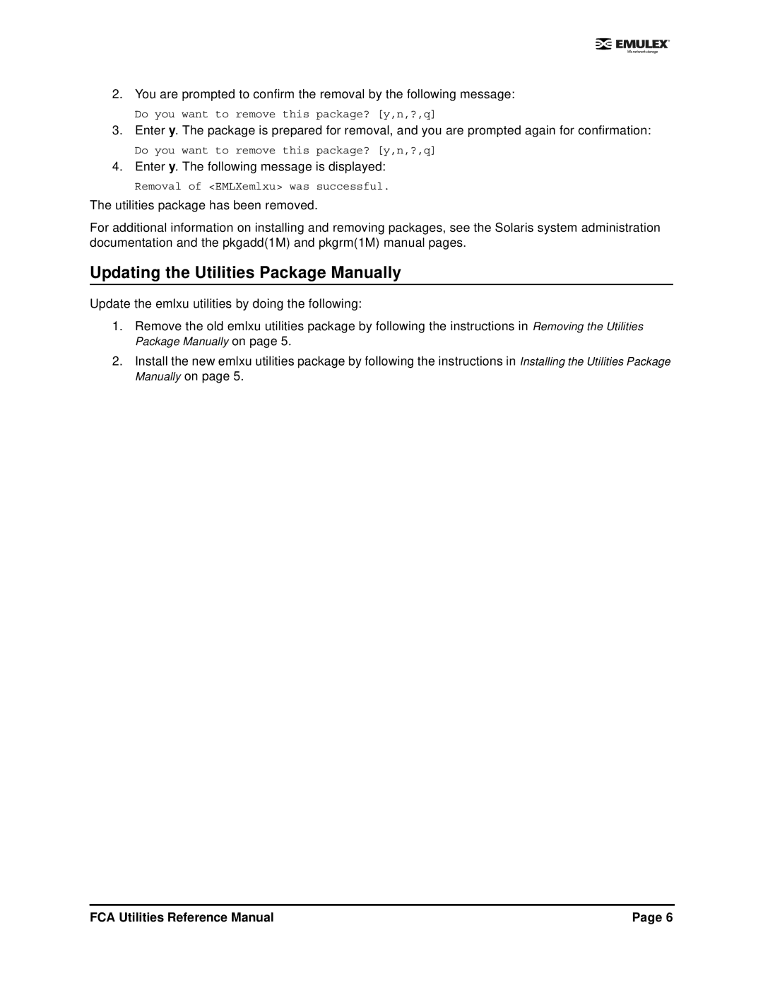 Emulex EMULEX manual Updating the Utilities Package Manually, Update the emlxu utilities by doing the following 