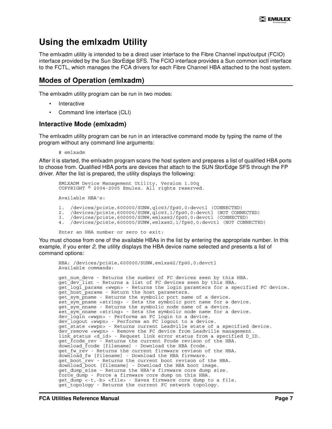 Emulex EMULEX manual Modes of Operation emlxadm, Interactive Mode emlxadm 