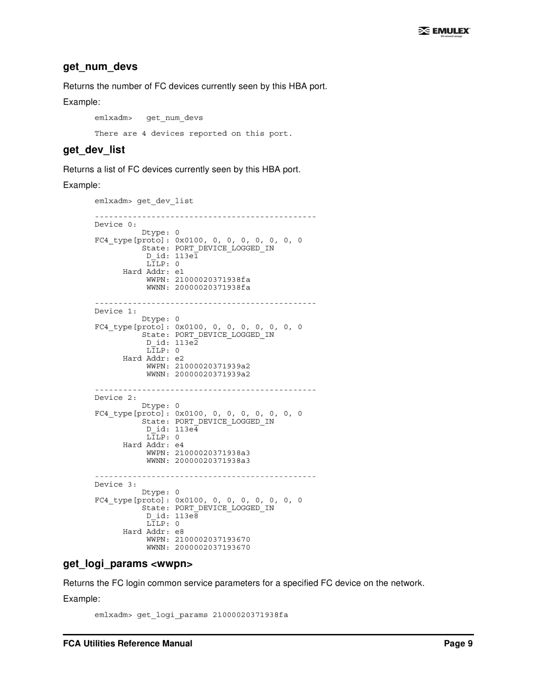 Emulex EMULEX manual Getnumdevs, Getdevlist, Getlogiparams wwpn 