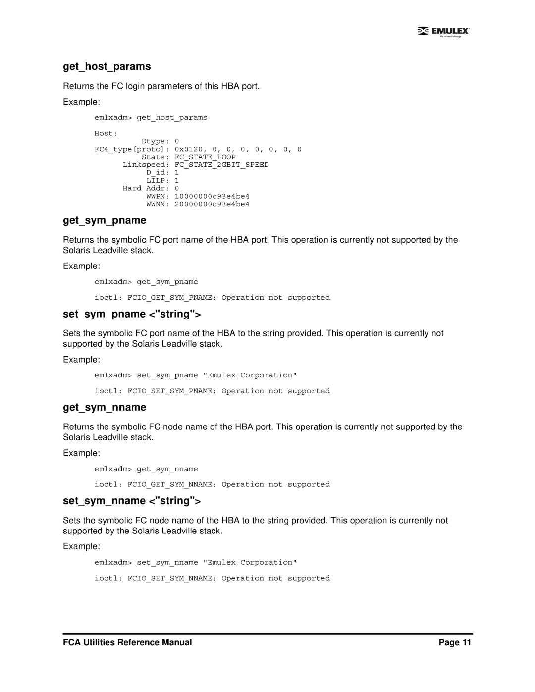 Emulex EMULEX manual Gethostparams, Getsympname, Setsympname string, Getsymnname, Setsymnname string 