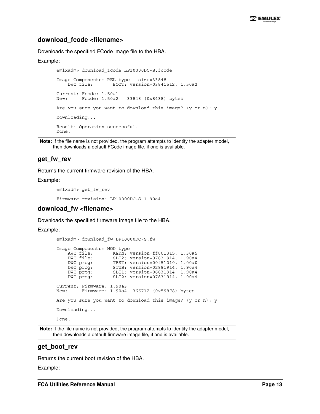 Emulex EMULEX manual Downloadfcode filename, Getfwrev, Downloadfw filename, Getbootrev 