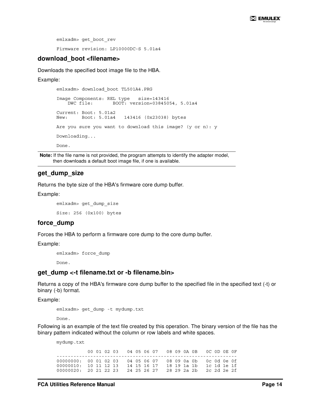 Emulex EMULEX manual Downloadboot filename, Getdumpsize, Forcedump, Getdump -t filename.txt or -b filename.bin 